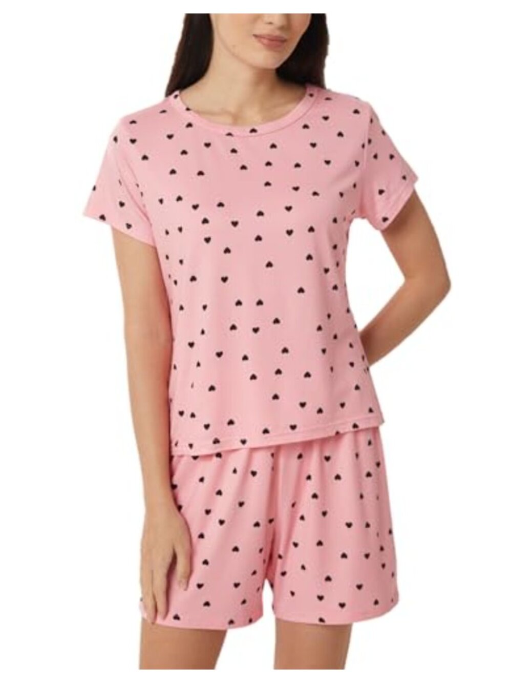 Women's Heart Print 2 Piece Pajama Set Short Sleeve Crewneck Lounge PJs